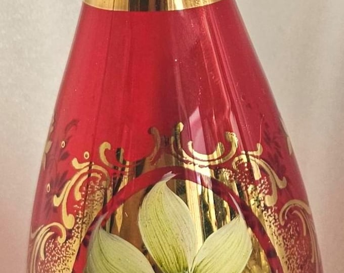 Vintage Moser Bohemia Czech Ruby Glass Decanter with Raised Enamel Design. D6/9