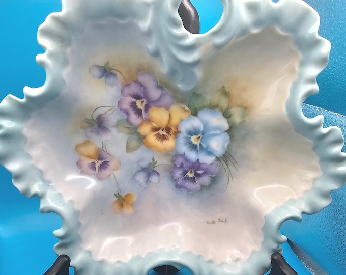 Vintage Lefton floral candy dish, hand-painted and signed by the artist Ruth Lauf.