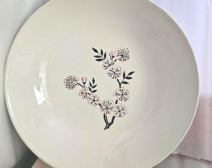 Vintage 1957 Stetson serving bowl featuring hand-painted pink and black cherry blossoms. D6/19