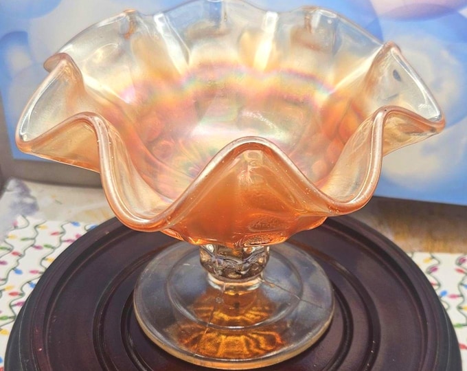 Vintage Fenton Amberina Carnival Glass Ruffled Pedestal Compote - Iridescent and Rare. Model A2/32.