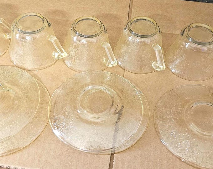 Hazel Atlas Florentine Yellow Poppy Depression Glass Tea Cups and Saucers - Set of 5 A6/18