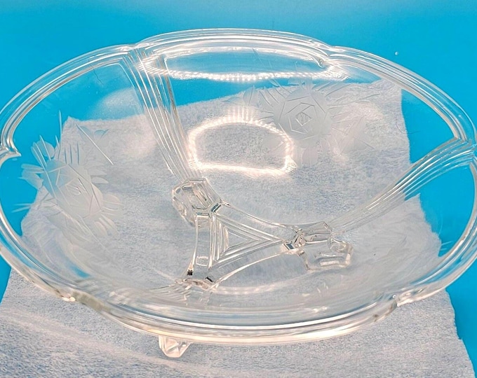 Art Deco 3-Footed Glass Dish with Floral Etching, 1950s C4/6