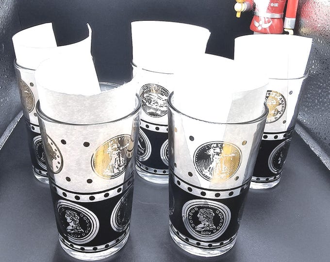 Set Of 5 Hazel Atlas Coins Of The World Black / Gold Juice Glasses B10/19