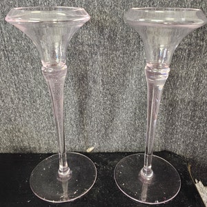 Hand blown Oneida Pink Lead Crystal Glass Candlestick Taper Candle Holders C4/2