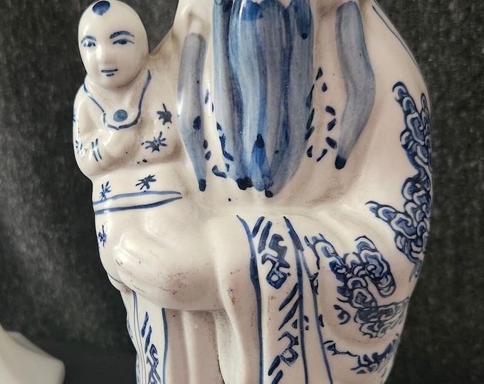 Rare Chinese Antique Blue and White Sculpture , Vintage Chinoiserie Chic Decor, Grand Millennial, Blue Willow, Fujian Guild, Fu Lu Shou Xing