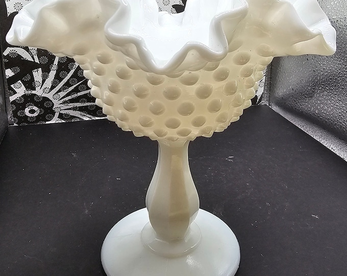Fenton Vintage Hobnail Ruffled Tall Ribbed Pedestal Bowl Cottage Chic F5/23