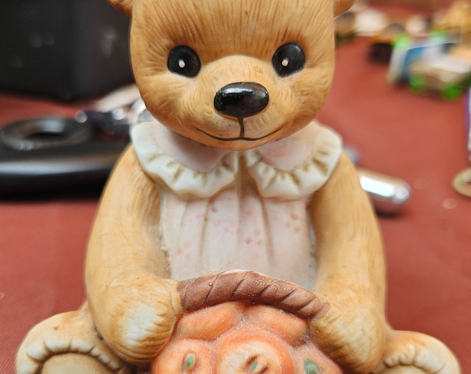 Homco Bear Figurine with Basket of Apples In Pink Dress 1405 Harvest Girl Mother