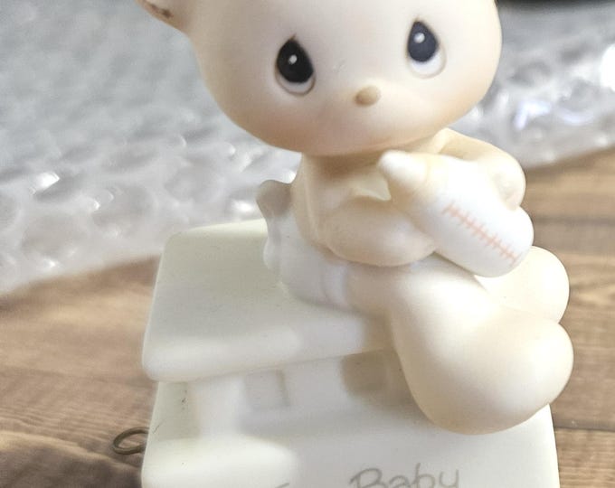 Precious Moments Birthday Train Baby Figurine: May Your Birthday Be Warm #15938, 1985 Enesco Porcelain Bisque. pm3/7