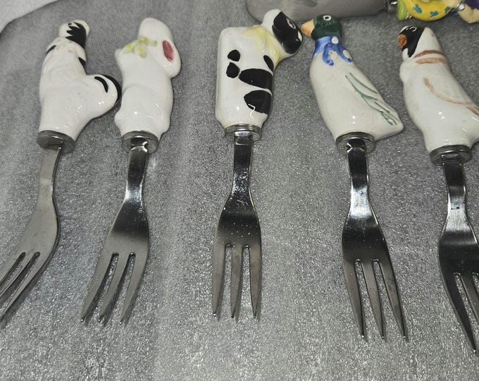 Vintage 1983 Ceramic Farm Animals Cocktail Forks, Cooks Tools LTD (Shelf)