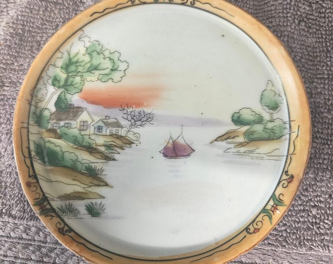 Vintage Japan handprinted  saucer with beautiful sun set theme D4/43