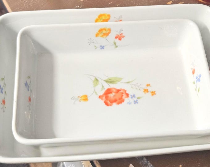 Vintage set of two stoneware Baker Country Flowers plates, measuring 12 inches and 8 inches.