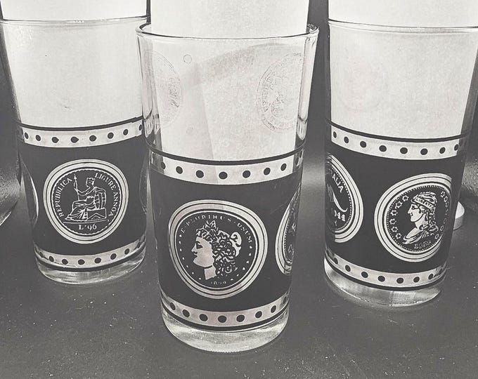 Vintage set of 3 Black International Coin Glass Tumblers Numismatic B10/18