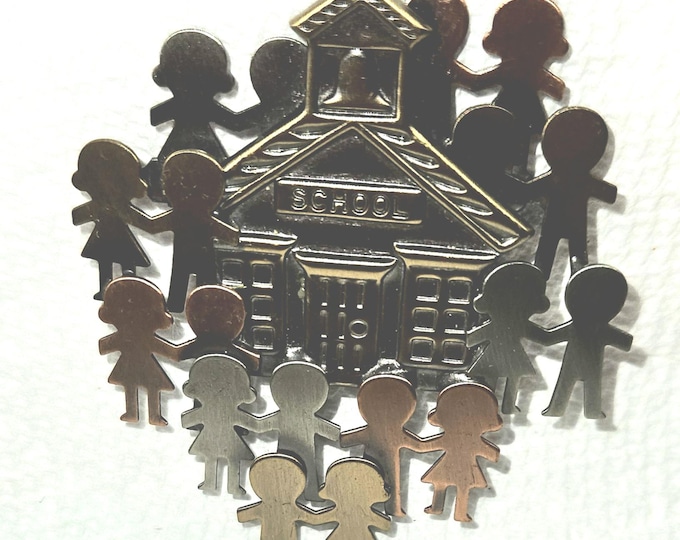 Vintage  1990s K&T Mixed Tri-Metal Schoolhouse Children Teacher Brooch Pin (Drawer)