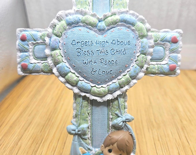 Precious Moments Quilted Cross Angels High Above Bless This Child Baby boy  C4/4