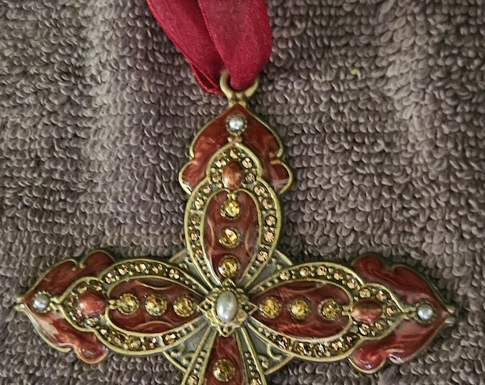 Red Cross Bronze Metal W/Rhinestones & Sequins 4.75 tall 3.5 wide D4/40.00