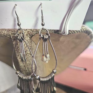 Vintage 1970s Boho Fringe Sterling Silver Long Hippie Teardrop Hoop Dangle Waterfall Earrings.