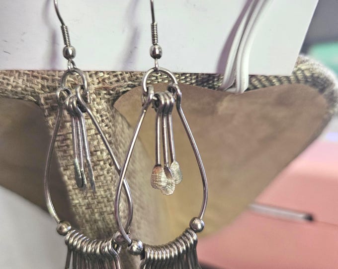 Vintage 1970s Boho Fringe Sterling Silver Long Hippie Teardrop Hoop Dangle Waterfall Earrings.