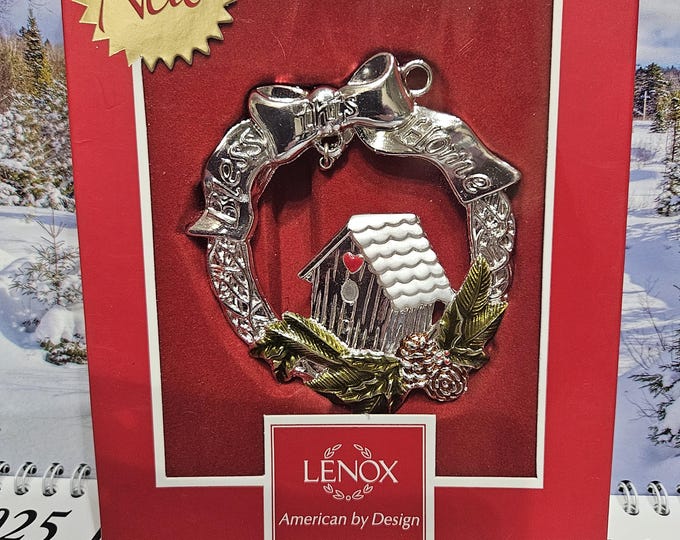 Lenox Christmas Ornament Bless This Home House Wreath Silver Plated 2014 Annual B2/17