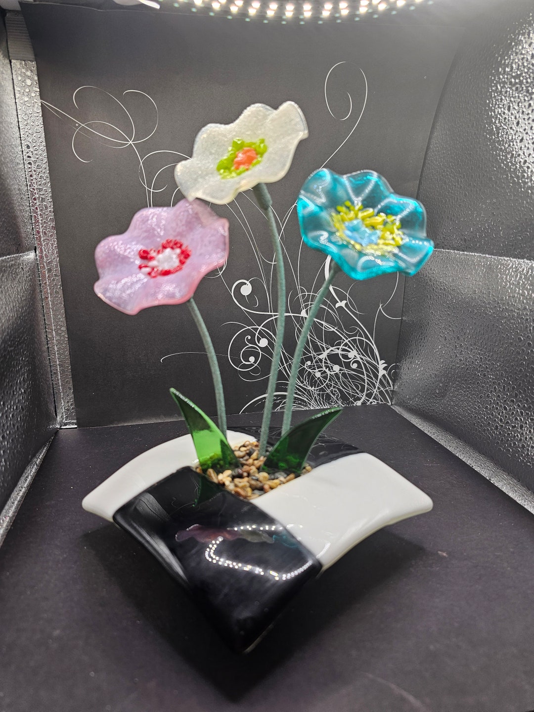 Fused Glass Ikebana Vase With Glass Flowers F3/38 Etsy