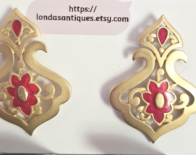 Vintage Avon Red Enamel Matte Gold Moroccan-Style Pierced Earrings.