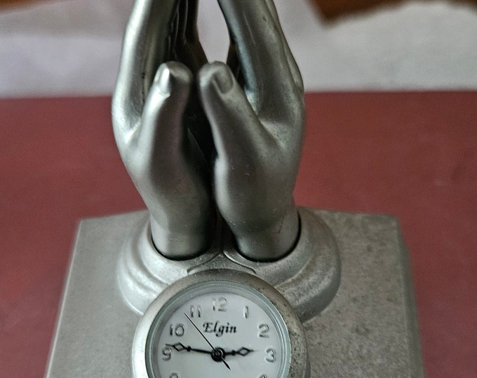 Vintage Elgin Praying hands Mini Clock. New and Sealed Silver/Pewter