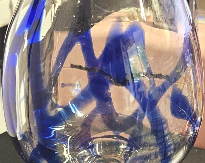 Vintage 7 inch Mexican glass vase with cobalt swirland wide mouth clear glass footed base