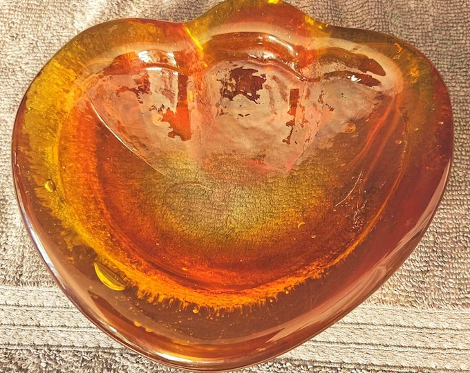 Vintage Blenko Large Art Glass Astray Dish Bowl Dark Amber Thick Glass USA Made VTG 7”W