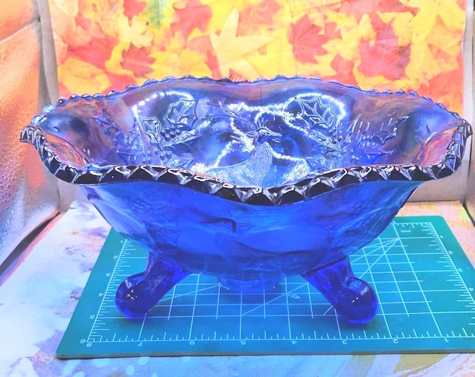 Vintage Fenton Cobalt Blue Stag and Holly 3-Footed Bowl, 9" x 4" -  B6/01