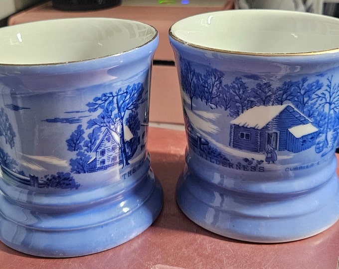 1970s Vintage set of 3 Currier and Ives Mugs “The Homestead in Winter” Series, Gold Rimmed C9/28