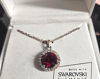 Sterling Silver Red Garnet Halo Diamond Necklace 925 | 18 Inch Chain Pendant (Jews box)