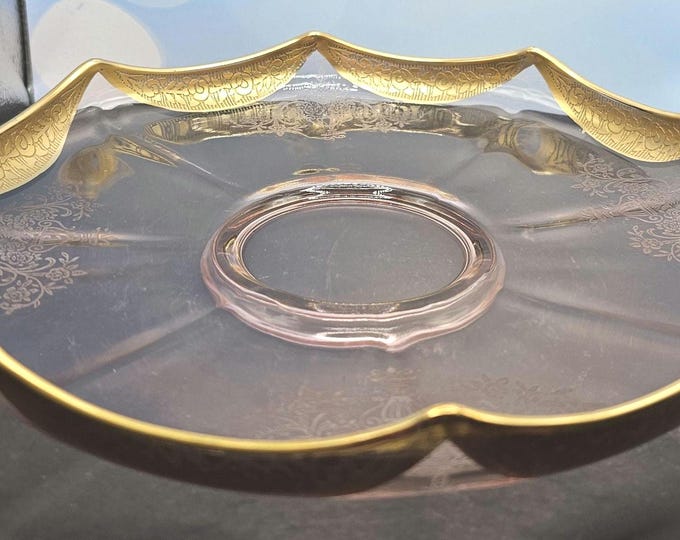 vintage rose pink etched depression glass octagonal gold trim bowl F9/02
