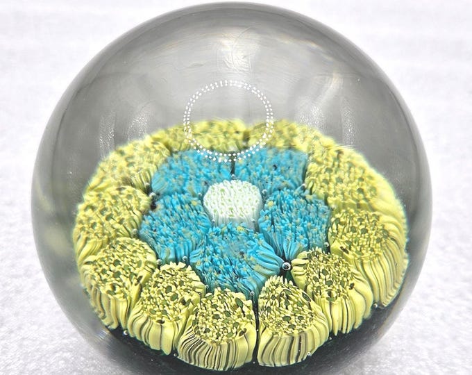Round Blown Glass Blue yellow and green, Millefiori Murano Style Paper Weight C2/11