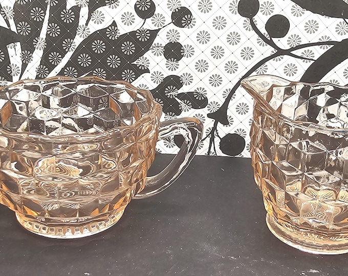 Vintage pink depression glass cream pitcher & sugar bowl set F4/11