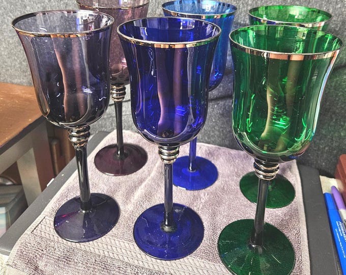 Set of 6 Jewel Tone Long Stem with Silver Rim Wine Goblets Ruby, Cobalt, Emerald & Amethyst D5/02