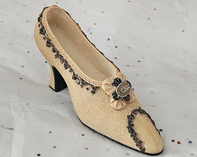 Vintage Nostalgia If The Shoe Fits 4 1/2" Miniature High Heel Yellow with ruffle flower and trimmed with blue Lace miniature  Shoe D8/10