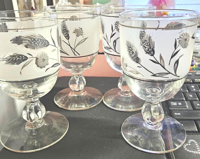 Vintage set of 4 Libbey Silver Wheat Water Goblets C6/7