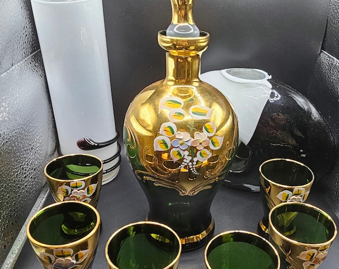 Seyei Victorian glass decanter set, emerald green