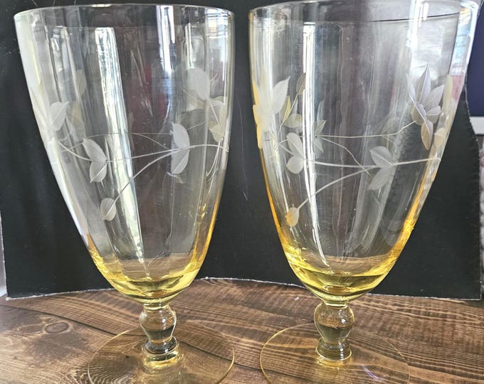 Vintage Yellow Iced Tea Glasses, Set of 2, Patrick Design Stemware, Mid Century A6/16