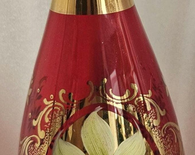 Vintage Moser Bohemia Czech Ruby Glass Decanter with Raised Enamel Design. D6/9