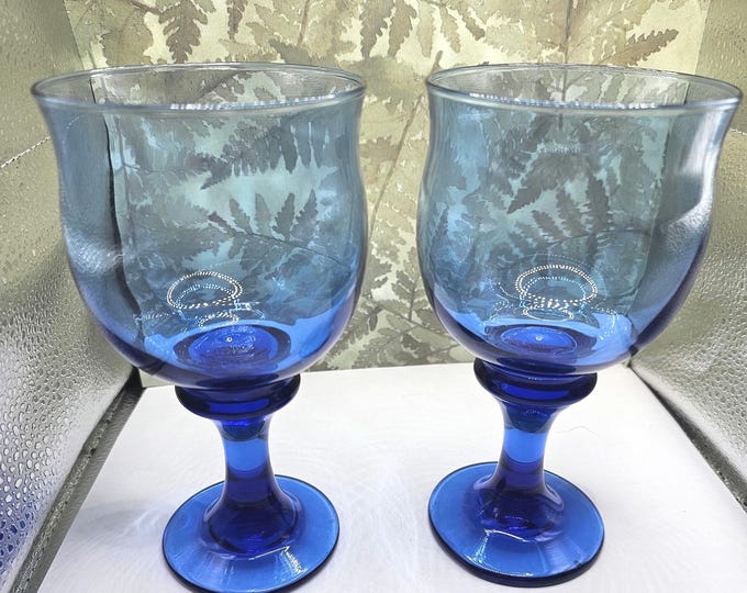 Vintage Libbey Cobalt Blue Rock Sharpe Wine or Water Tulip Style Glasses, Set of 2 F9/19