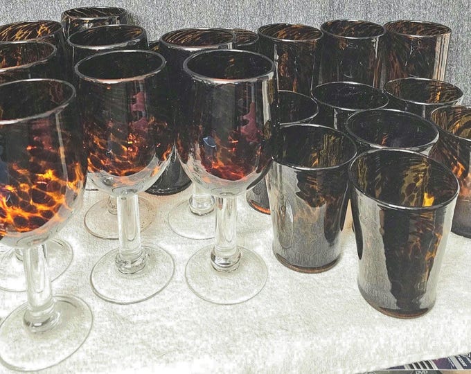 Rare Murano Glass Tortoise Hand Blow Brown and Black glasses set of 20 (Box)