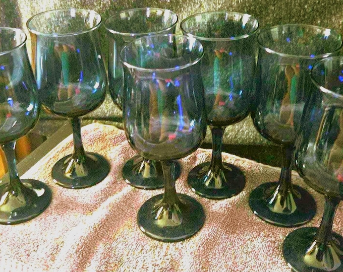 Vintage Set of 7 Libbey Dusky Blue Tulip Water Wine Glasses Goblet D5/21