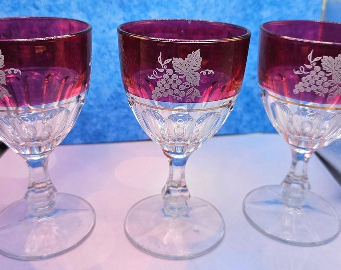 LUBIAN ITALY Ruby Red Cranberry Stain glass with White Grapes wine goblets Set of 3 A9/23
