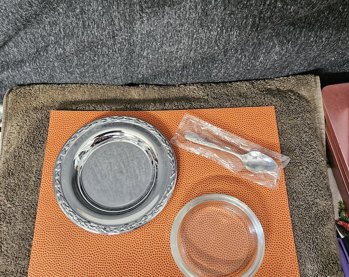 Vintage Oneida Silver Plate Caviar /Condiment Dish with Glass Insert & Spoon A5/29