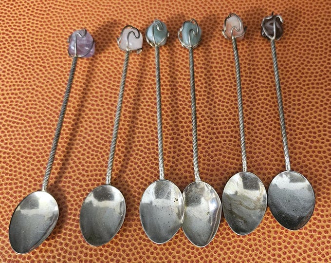 Set of 6 Vintage Ice Tea Spoons with Semi Precious Stones A3/17