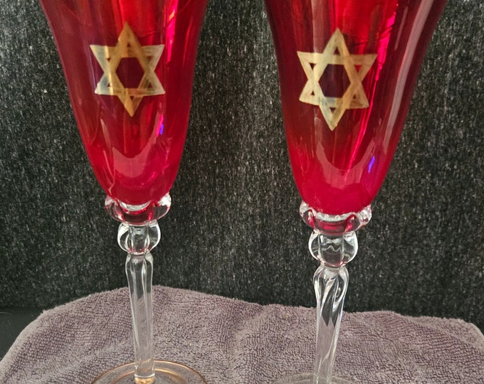 Vintage set of 2 ruby red Russian  Wine goblets