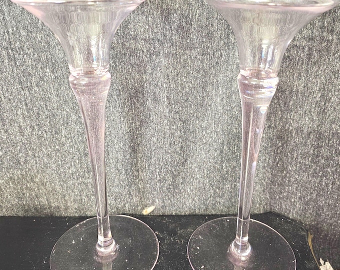 Hand blown Oneida Pink Lead Crystal Glass Candlestick Taper Candle Holders C4/2