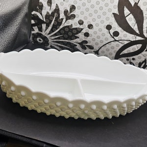 Vintage FENTON Milk Glass Hobnail Divided Relish Dish F6/02