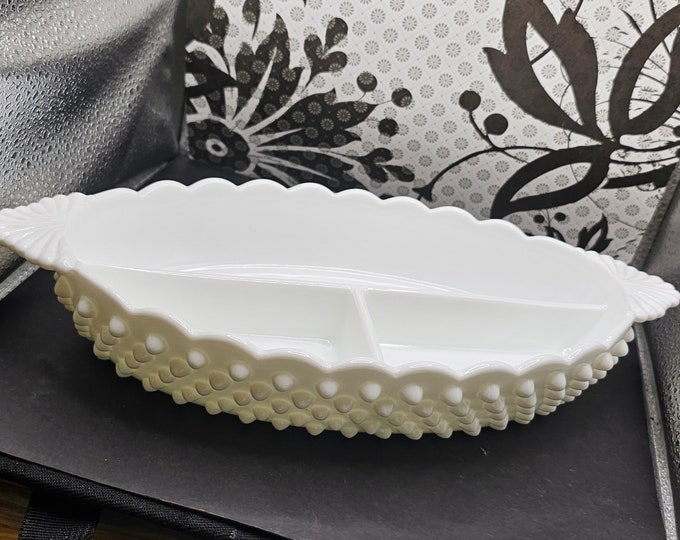 Vintage FENTON Milk Glass Hobnail Divided Relish Dish F6/02