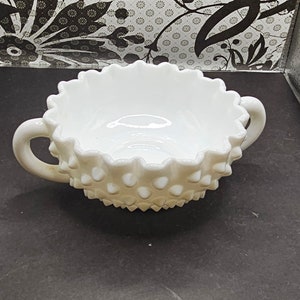 Hobnail Crimped  Milk Glass 2 Handle Round Candy dish F6/9